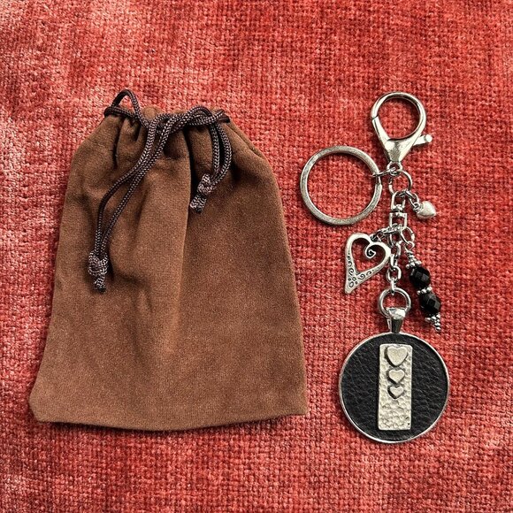 New BLACK LEATHER Bag Charm Heart Charm Silver Tone - Picture 1 of 7